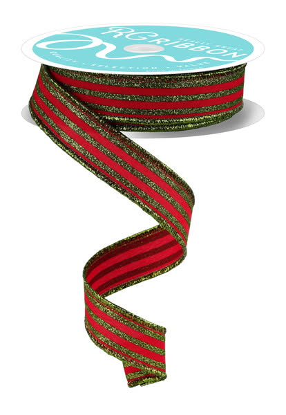 Wired Red and Lime Vertical Stripe Glitter Accent Ribbon- 1.5”x10 Yards
