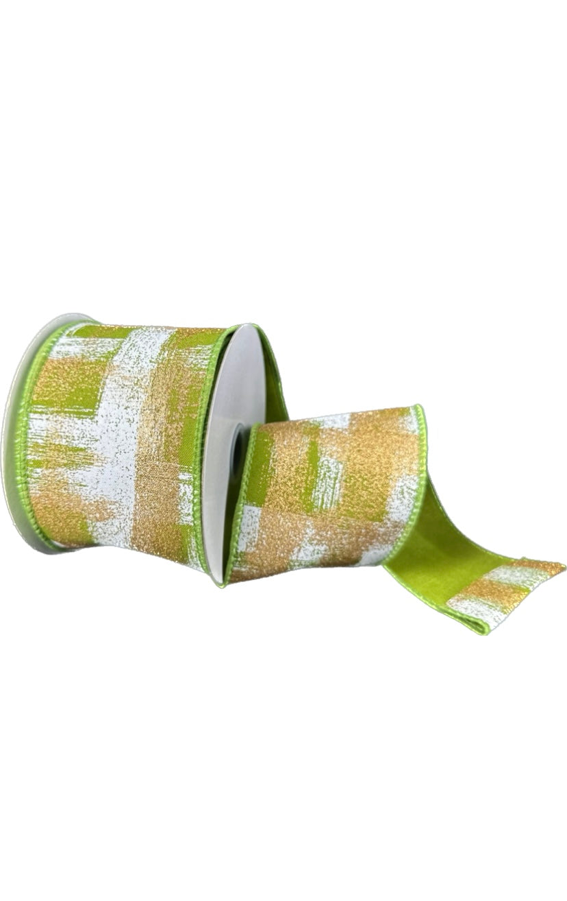 Wired Lime Premium Satin White/Gold Abstract Ribbon-2.5”x10 Yards