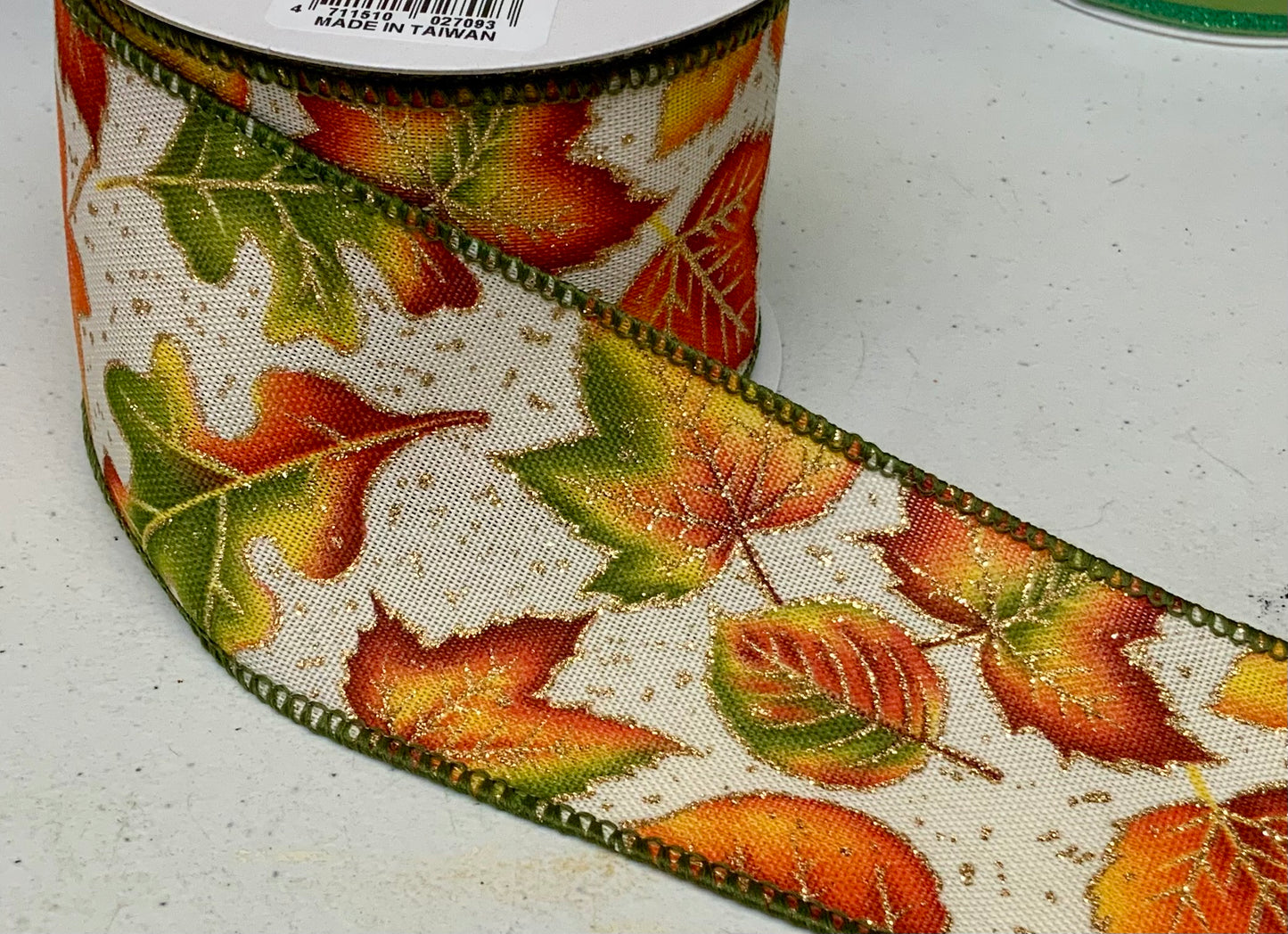 Wired Fall Leaves on Natural Ribbon- 2.5”x10 Yards