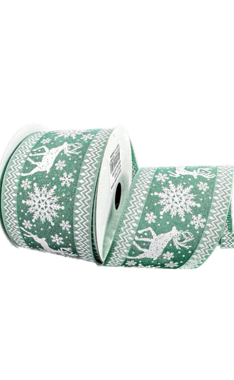 Wired Sage Satin Deer in Snow Sweater Edge Ribbon- 2.5”x10 Yards