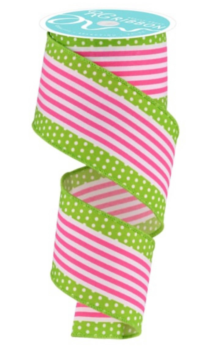 10 Yards - 2.5" Pink Stripes and Polka Dots on Lime Green Ribbon