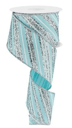Wired Light Blue White and Silver Glitter Diagonal Stripe Ribbon- 2.5”x10 Yards