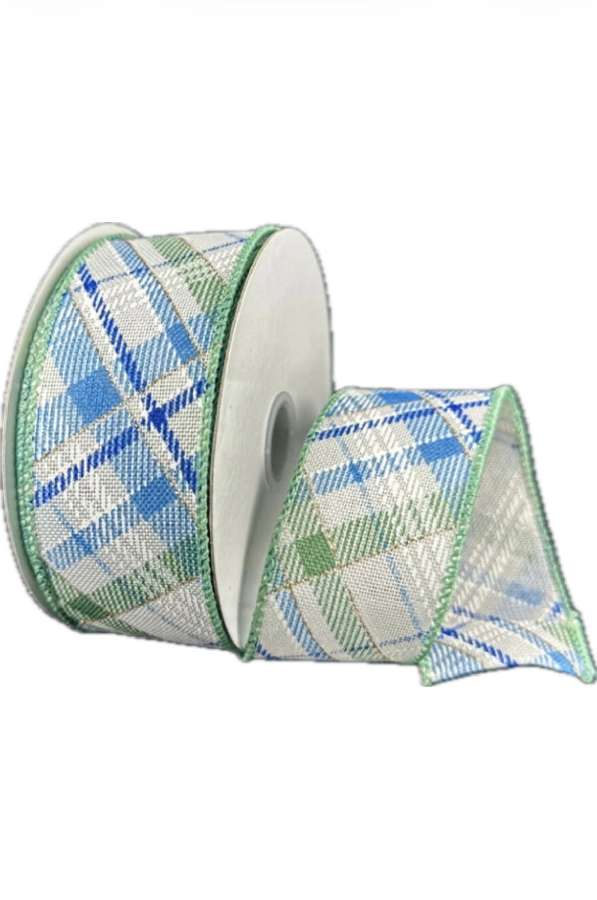 Wired Ivory Linen Blue Green Diagonal Print Plaid Ribbon-1.5”x10 Yards