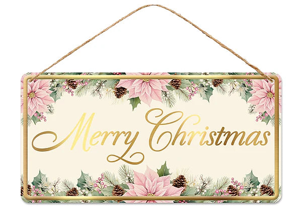 Merry Christmas Metal Tin Wreath Sign- 12”x6”