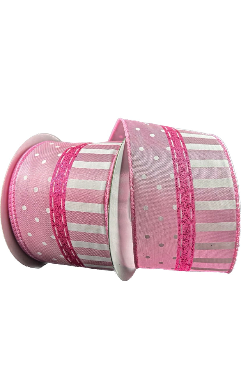 Wired Satin Pink and White Stripe Polka Dot Ribbon with Glitter Accent-2.5”x10 Yards