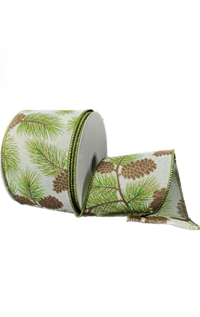 Wired Pine Cone Branch Ribbon- 2.5”x10 Yards