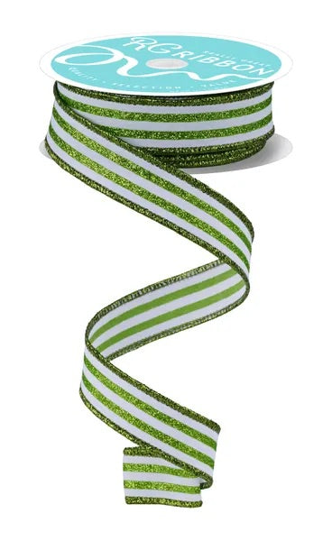 Wired Lime Green and White Vertical Stripes Ribbon- 7/8”x 10 Yards