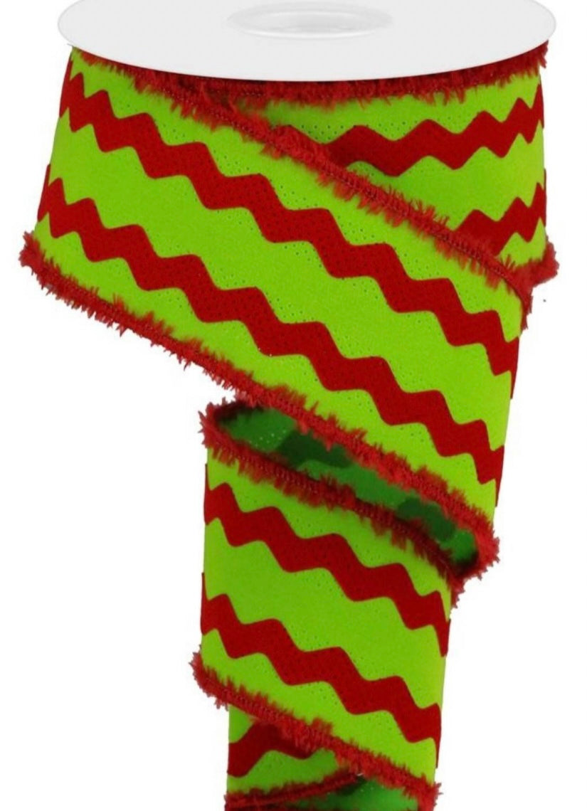 10 Yards - 2.5” Wired Red and Lime Green Ric Rac Tinsel Edge Ribbon