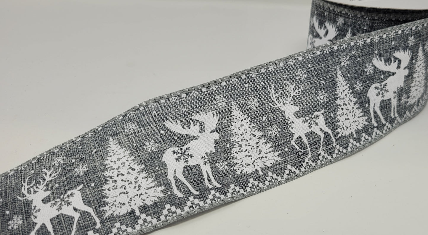 10 Yards - 2.5” Wired Gray and White Winter Deer Ribbon