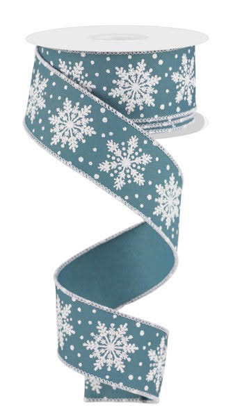 Wired Smoke Blue and White Snowflake Ribbon-1.5”x10 Yards