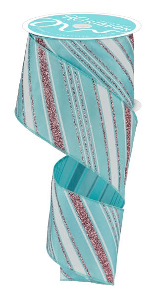 Wired Ice Blue, White, and Rose Glitter Swirl Stripe Ribbon - Christmas Ribbon - Winter Ribbon- 2.5”x10 Yards