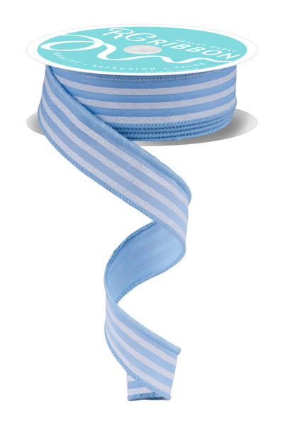 Wired Light Blue and White Vertical Stripe Glitter Accent Ribbon- 7/8”x10 Yards