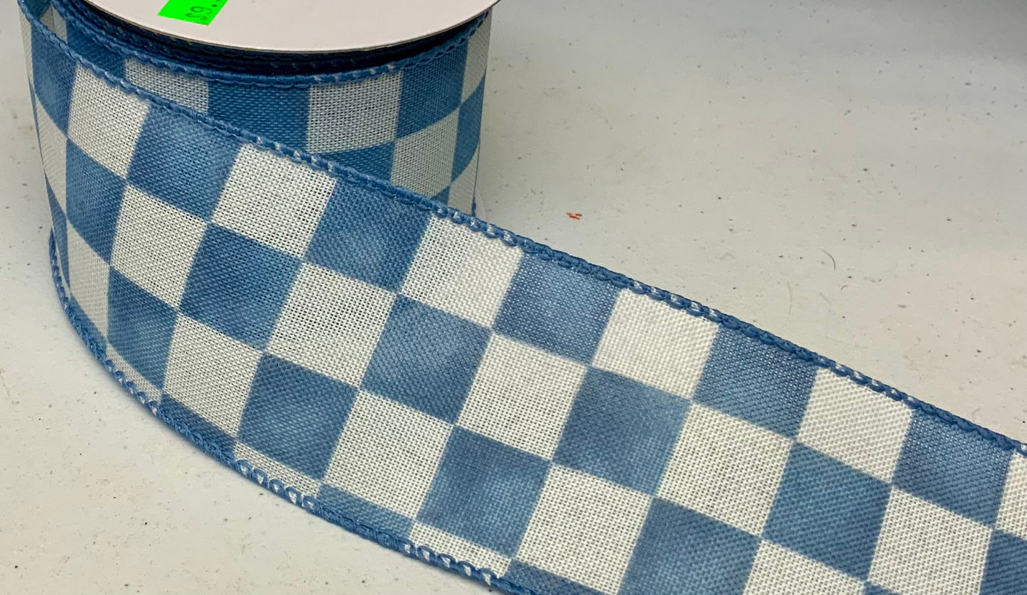 Wired Ivory Linen Dusty Blue Watercolor Check Ribbon- 2.5” x 10 Yards
