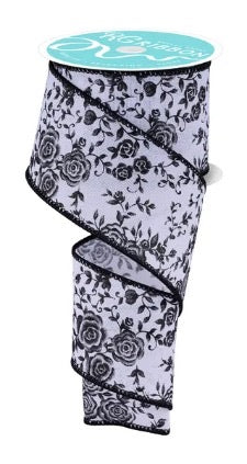Wired White Background Black Mini Roses Ribbon- 2.5”x 10 Yards
