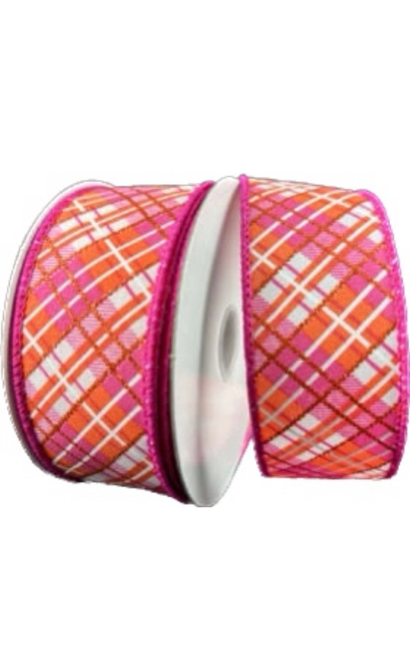 Wired Pink, Orange, and White Diagonal Cross Printed Plaid Ribbon- 1.5”x10 Yards