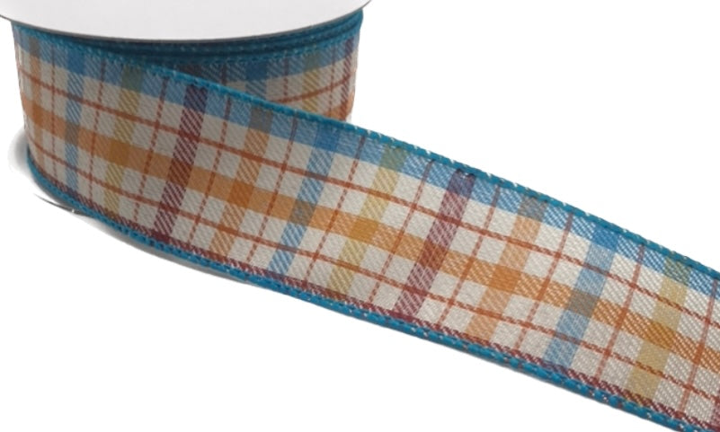 10 Yards - 1.5” Wired Cream Teal Orange Gilmore Plaid Ribbon