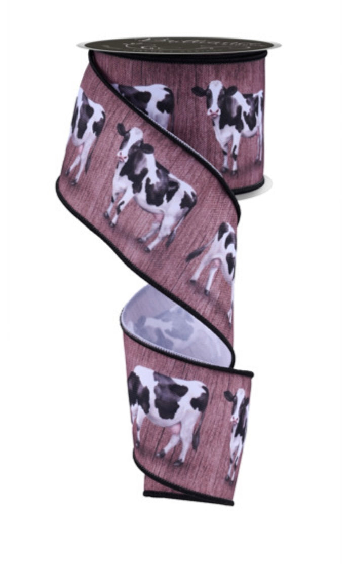 10 Yards - 2.5” Wired Brown Background Cow Print Ribbon