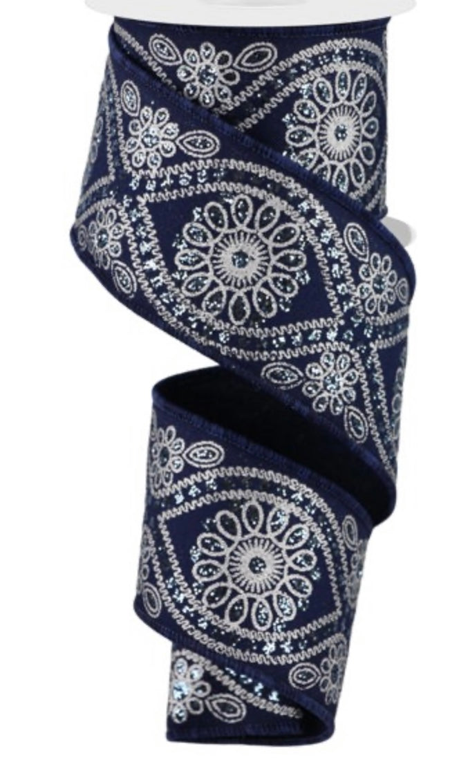 Wired Navy Blue and Silver/Light Blue Accent Deluxe Wavy Floral Ribbon-2.5”x10 Yards