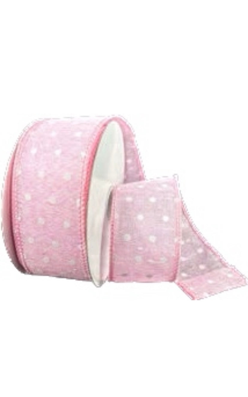 Wired Pink Satin Glitter Line White Dots Ribbon- 1.5”x10 Yards