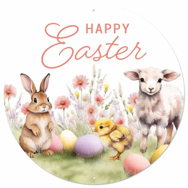 12” Round Metal Happy Easter Wreath Sign