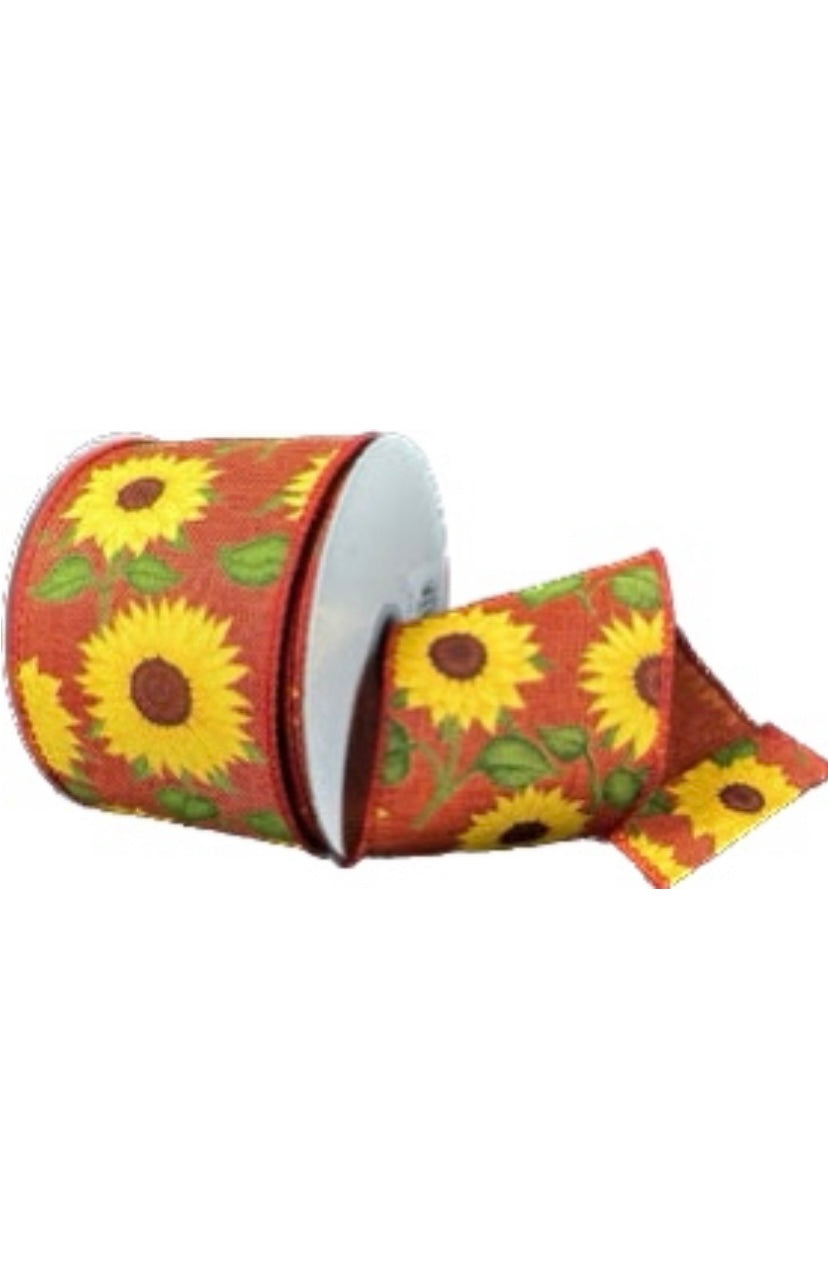 Wired Sunflower on Dark Orange Background Poly Linen Ribbon