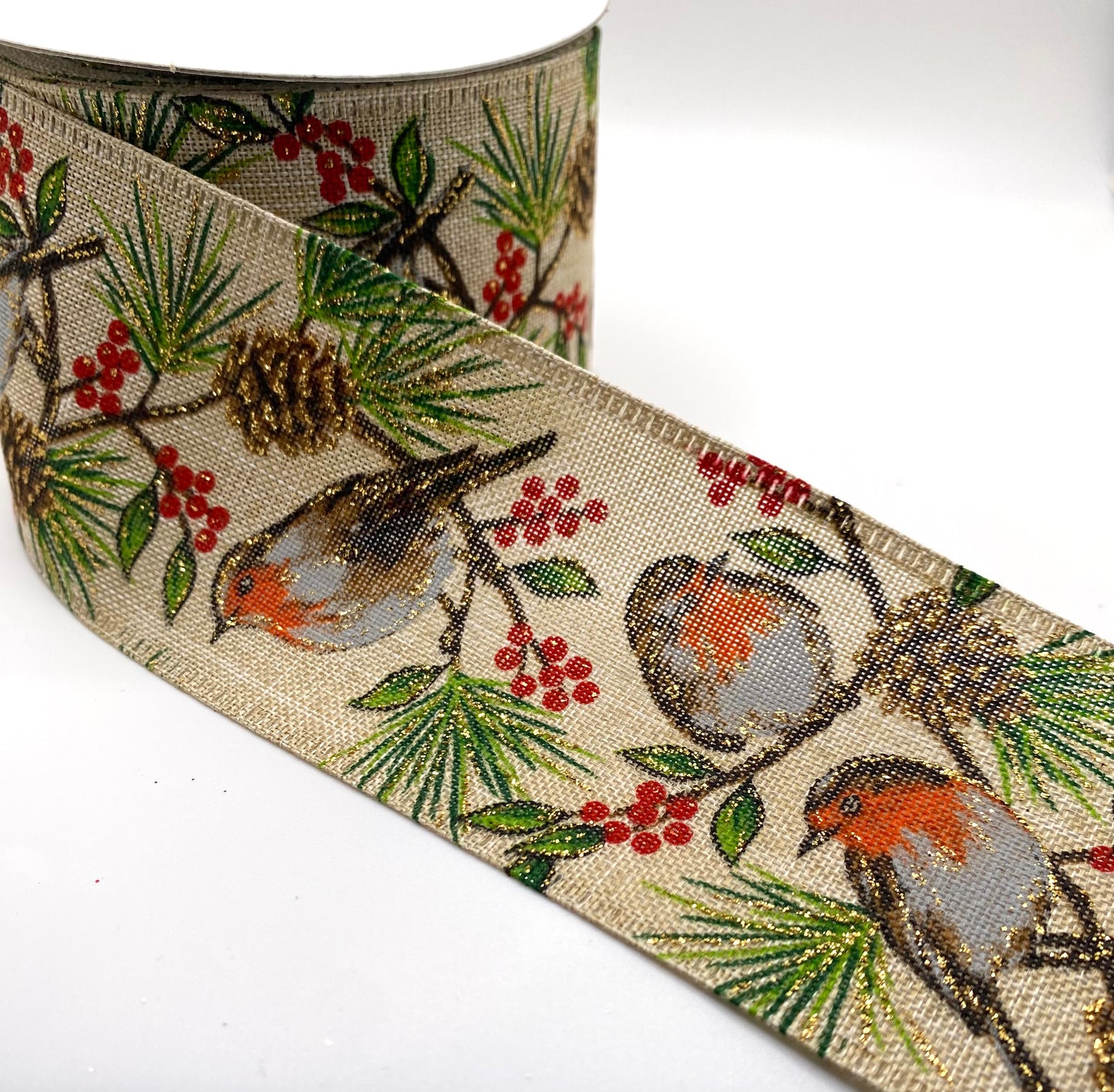 10 Yards - 2.5” Wired Natural Linen Birds Pine Cones and Berries Glitter Accent Ribbon