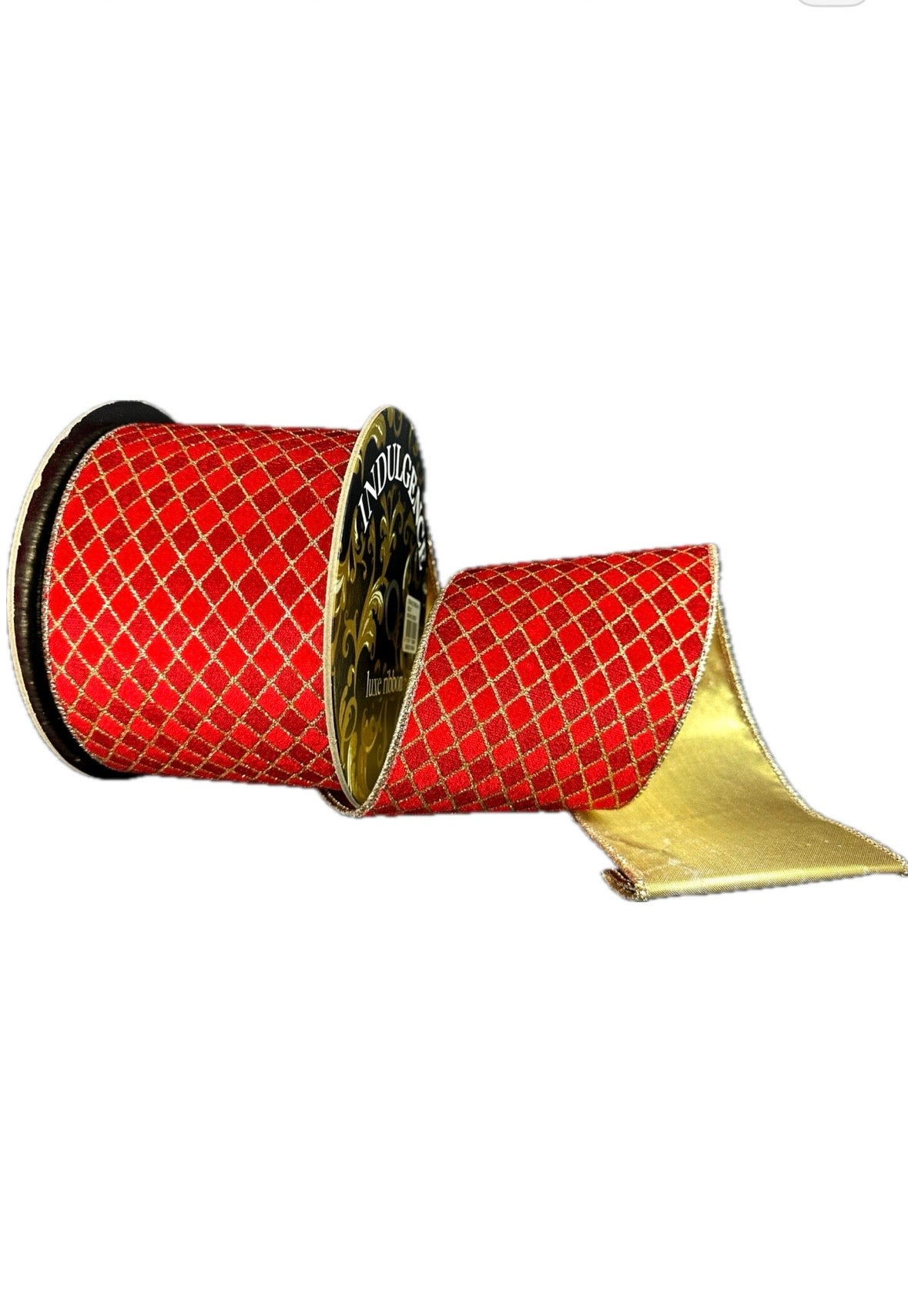 Wired Dark Red- Red Gold Velvet Diamonds/Gold Metallic Back Ribbon- 4”x5” Yards