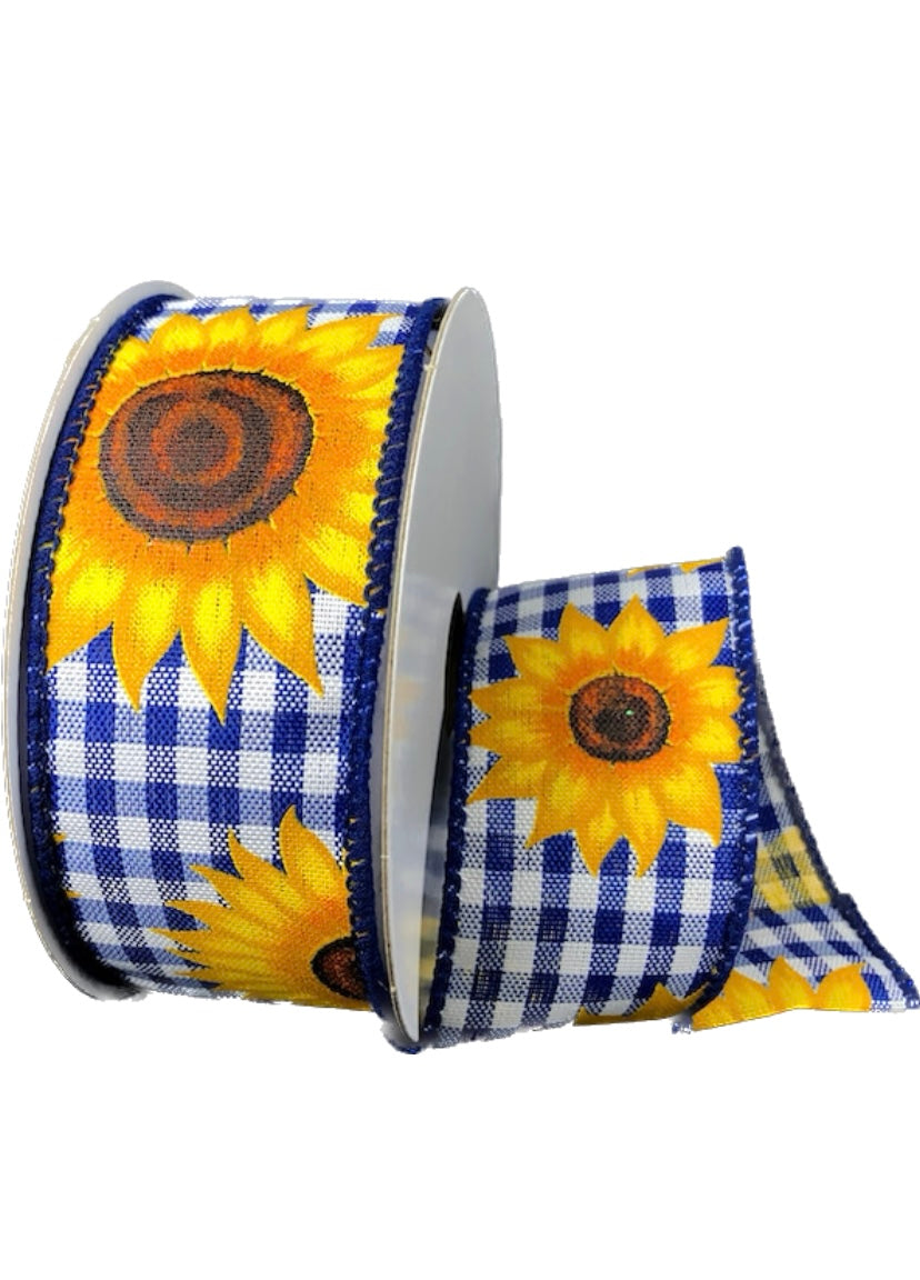 10 Yards - 1.5" Wired Blue and White Gingham Check Background Sunflower Ribbon
