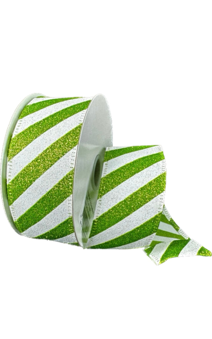Wired Lime White Flat All Glitter Candy Cane Stripe Ribbon- 1.5”x10 Yards