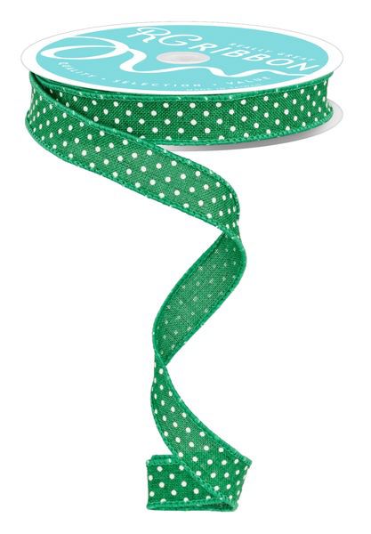 10 Yards- 5/8” Wired Green with White Polka Dots Burlap Ribbon