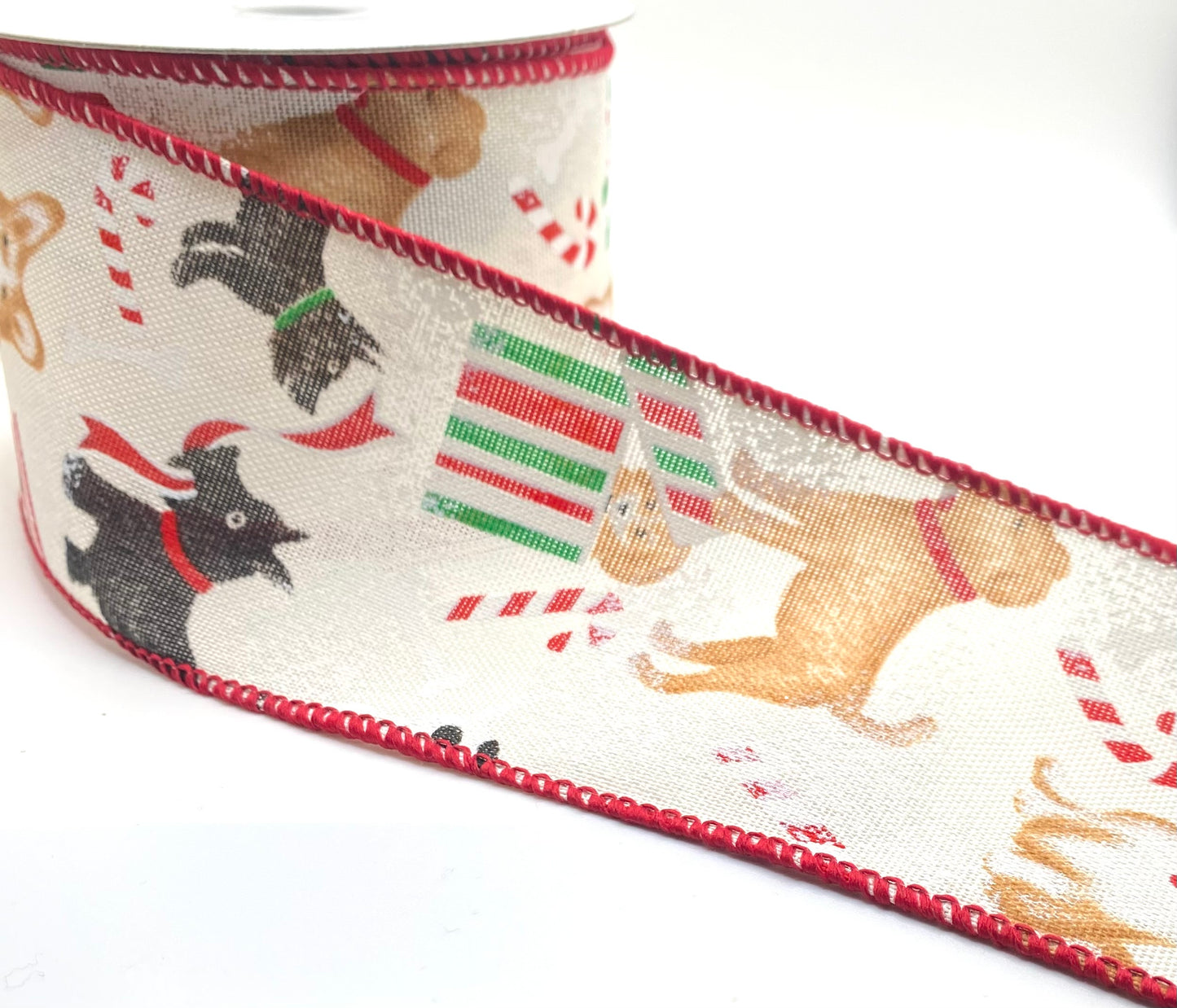 10 Yards - 2.5” Wired Light Linen Dogs and Presents Holiday Ribbon