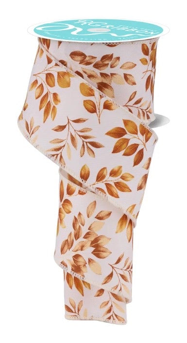 Wired Ivory/Orange/Brown Greenery Ribbon-2.5”x10 Yards
