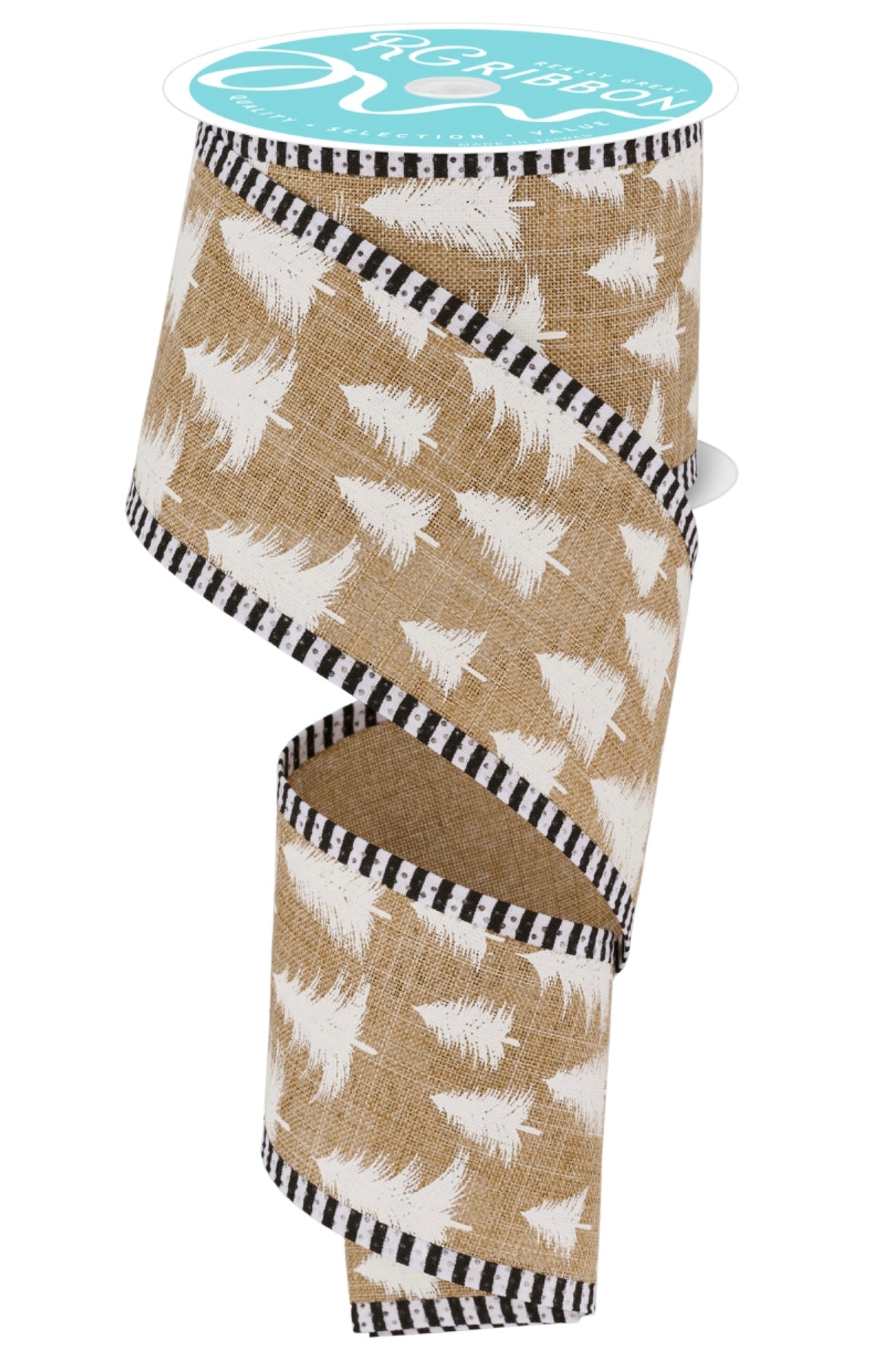 10 Yards - 2.5” Wired Natural Background Tree Ribbon with Stripe Edge