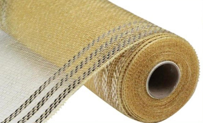 10 inch x 10 Yards Champagne with Champagne Foil Border Stripe Metallic Mesh