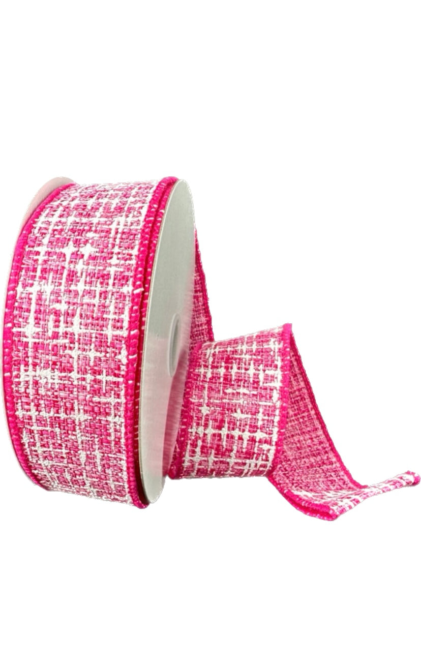 10 Yards - 1.5” Wired Fuchsia and White Embellished Tweed Ribbon