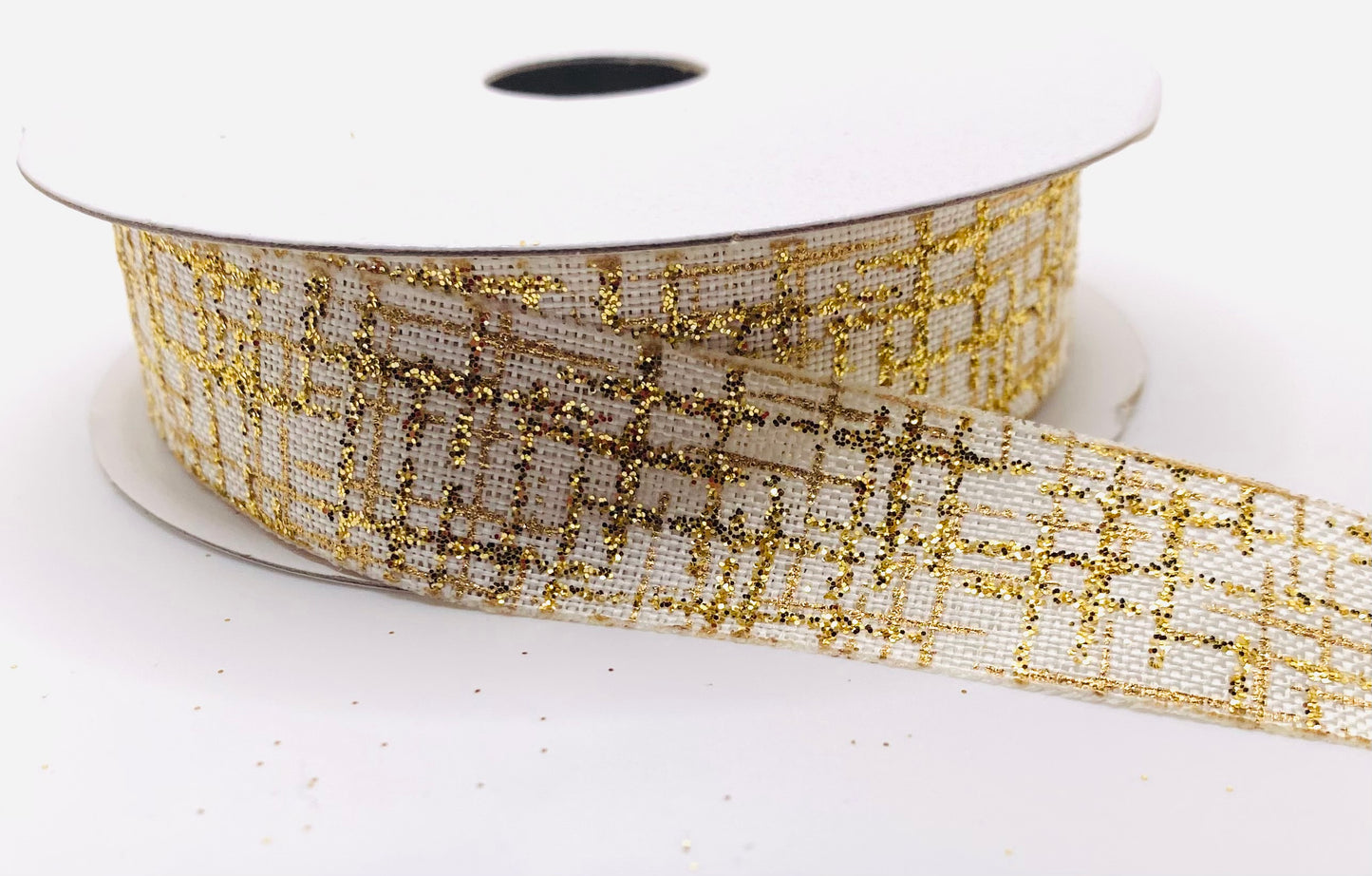 10 Yards - 7/8” White Satin Gold Glitter Tweed Ribbon