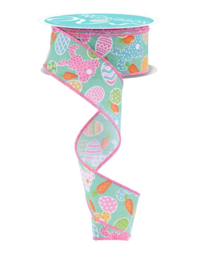 10 Yards - 1.5” Wired Mint Bunny Carrots and Eggs Ribbon