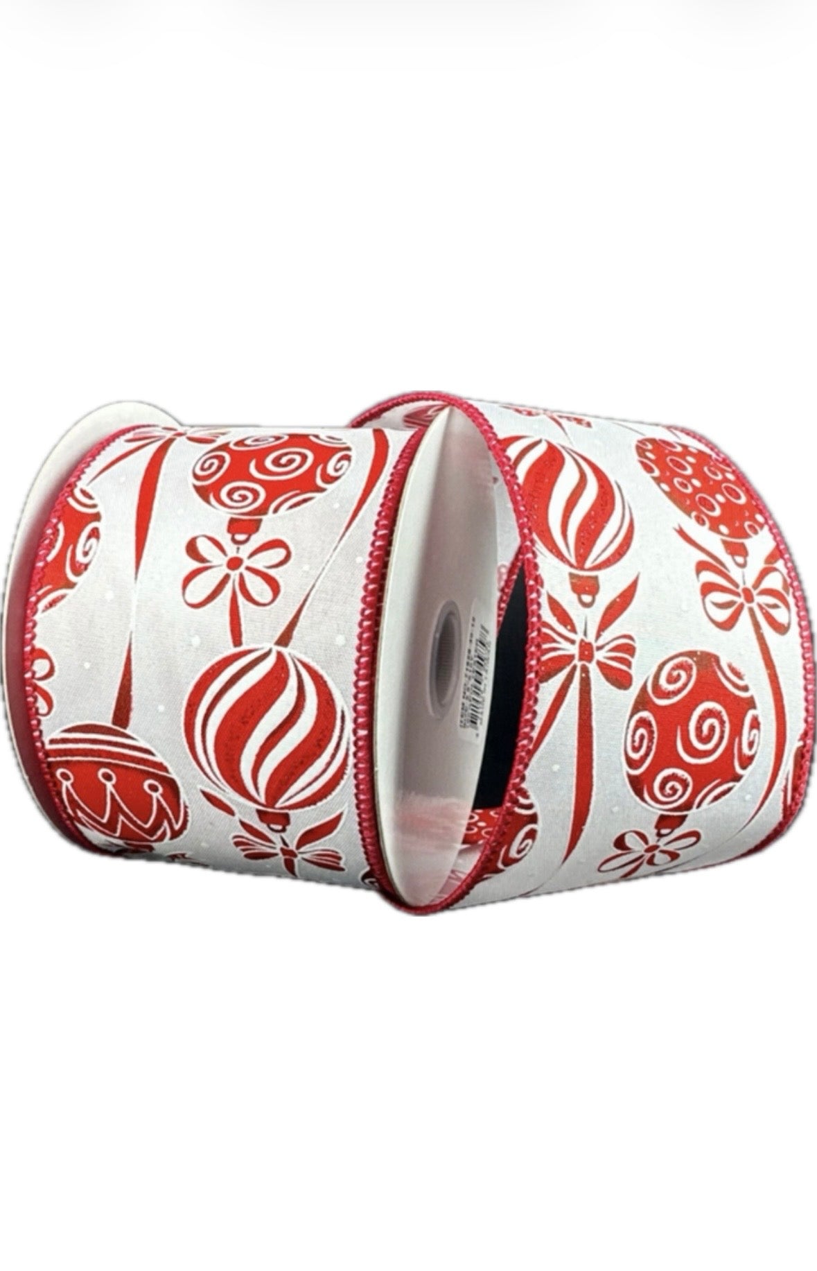 Wired White Satin Red Ornaments Ribbon- 2.5”x10 Yards