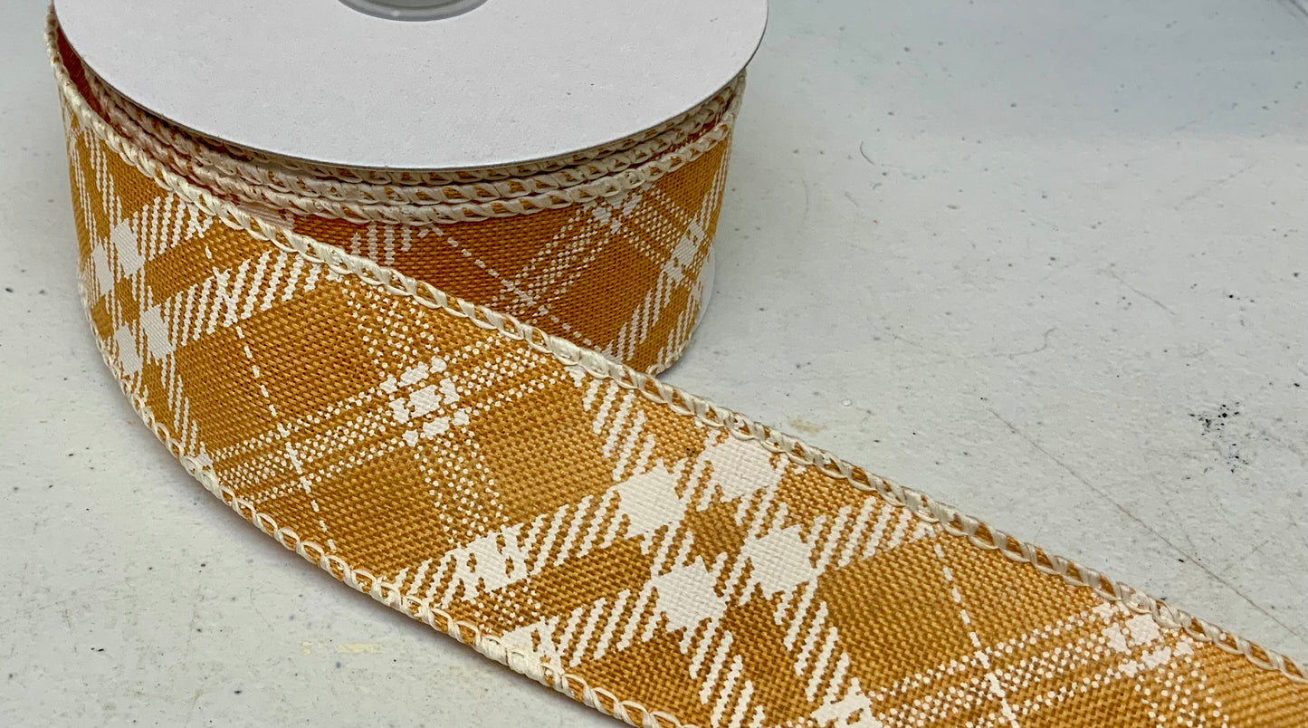Wired Sunflower Linen Off White Diagonal Plaid Ribbon- 1.5” x10 Yards