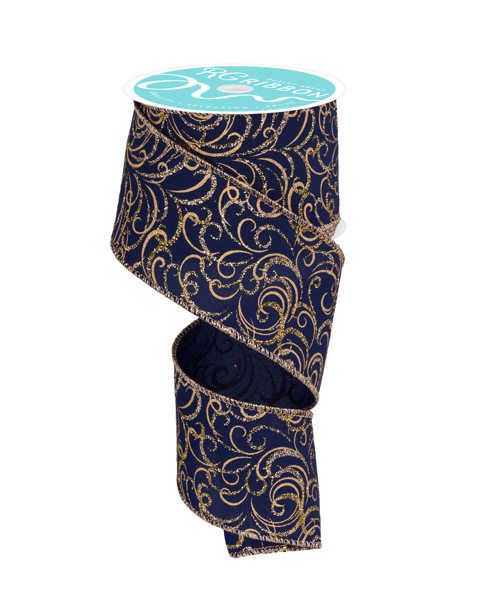 10 Yards - 2.5” Wired Navy and Gold Multi Swirl Glitter Ribbon