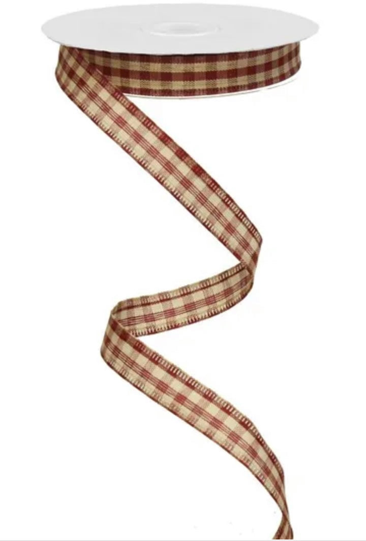 Wired Red and Tan Gingham Check Accent Ribbon-5/8”x10 Yards