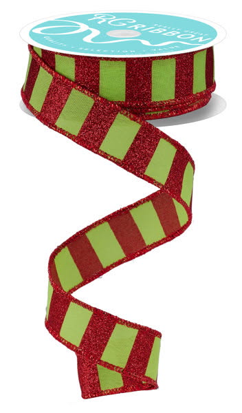 Wired Lime and Red Horizontal Stripe Glitter Accent Ribbon- 1.5”x10 Yards