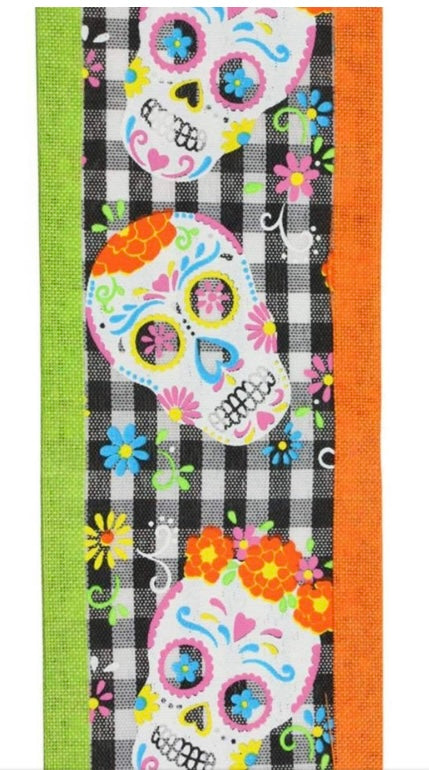 Wired Black and White Check Sugar Skull Ribbon with Orange and Lime Green Edging - Halloween Ribbon-2.75”x10 Yards