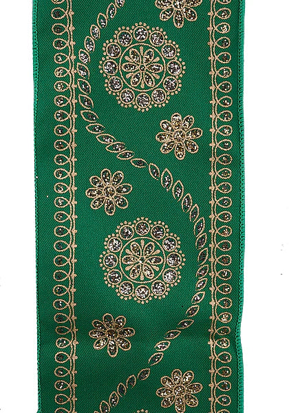 Wired Emerald, Champagne and Gold Deluxe Wavy Floral Ribbon-4”x10 Yards