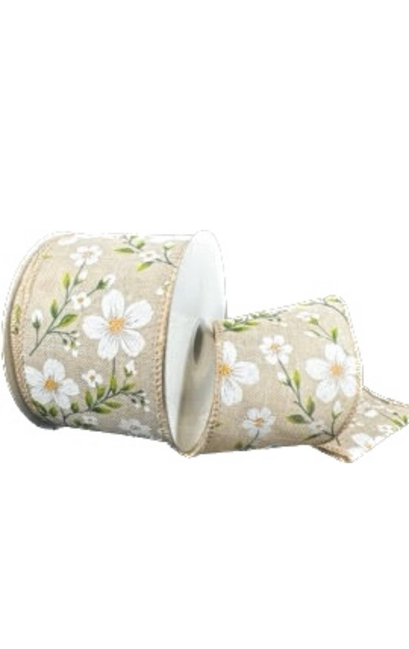 Wired Natural Linen White Flaxseed Flower Ribbon-2.5”x10 Yards
