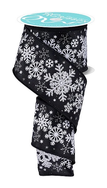 Wired Black with White and Silver Snowflake Ribbon- 2.5”x10 Yards