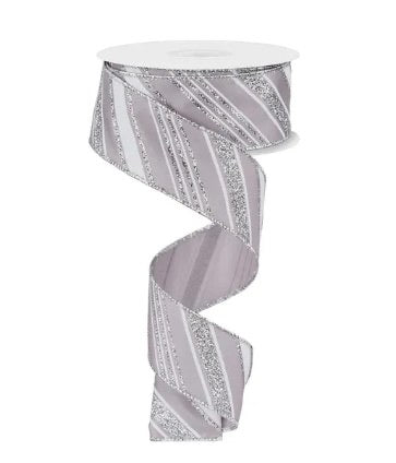 Wired Silver and White Glitter Swirl Stripe Ribbon- 1.5”x10 Yards