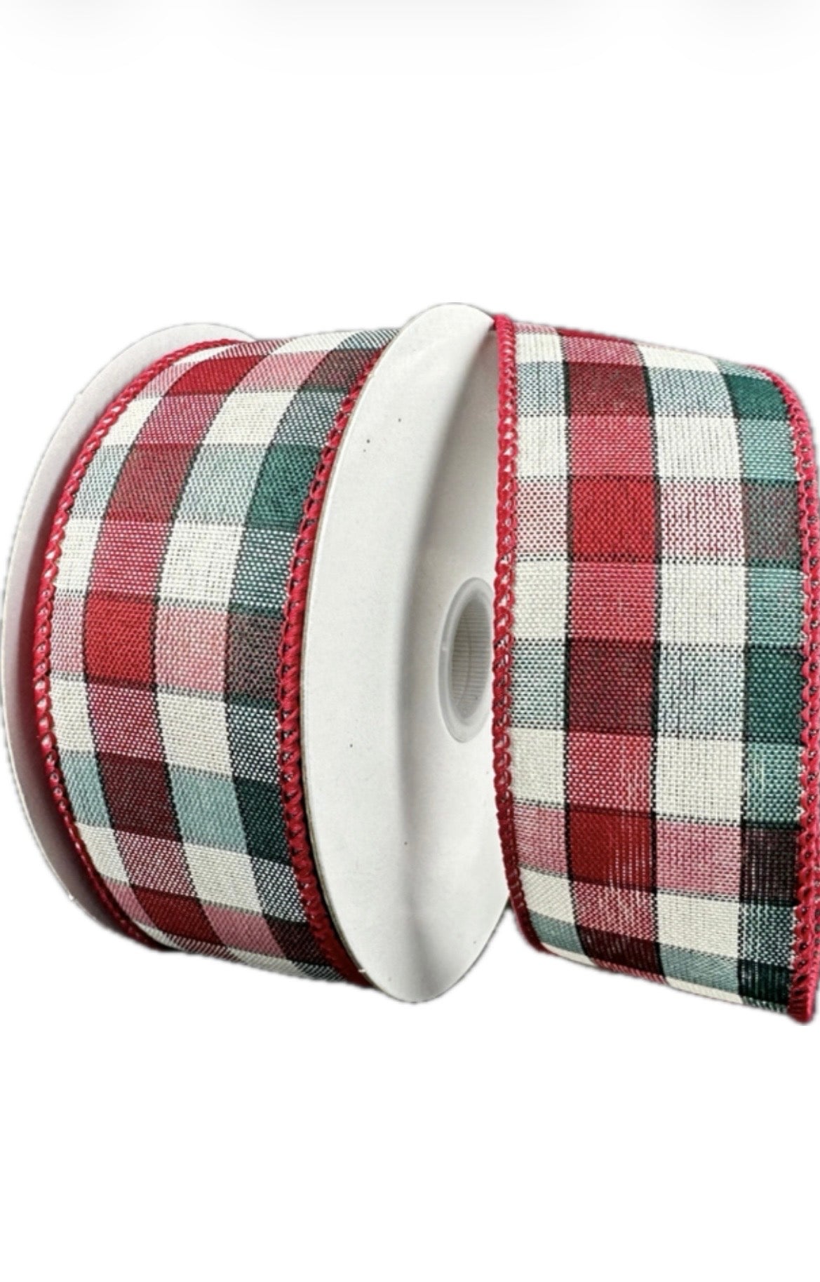 Wired Red Hunter Ivory Check Plaid Ribbon-1.5”x10 Yards