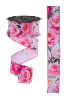 Wired Pink Peonies Floral Ribbon- 1.5”x10 Yards