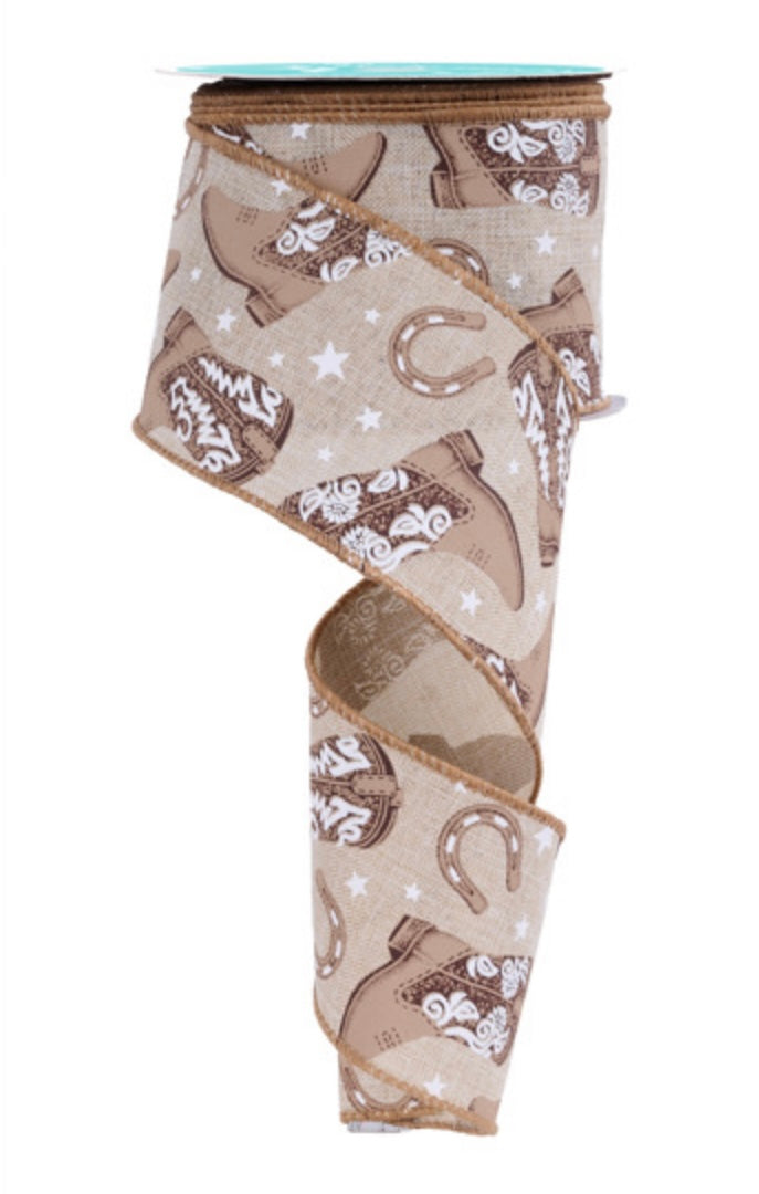 10 Yards - 2.5" Wired Beige Background Cowboy Boots Ribbon